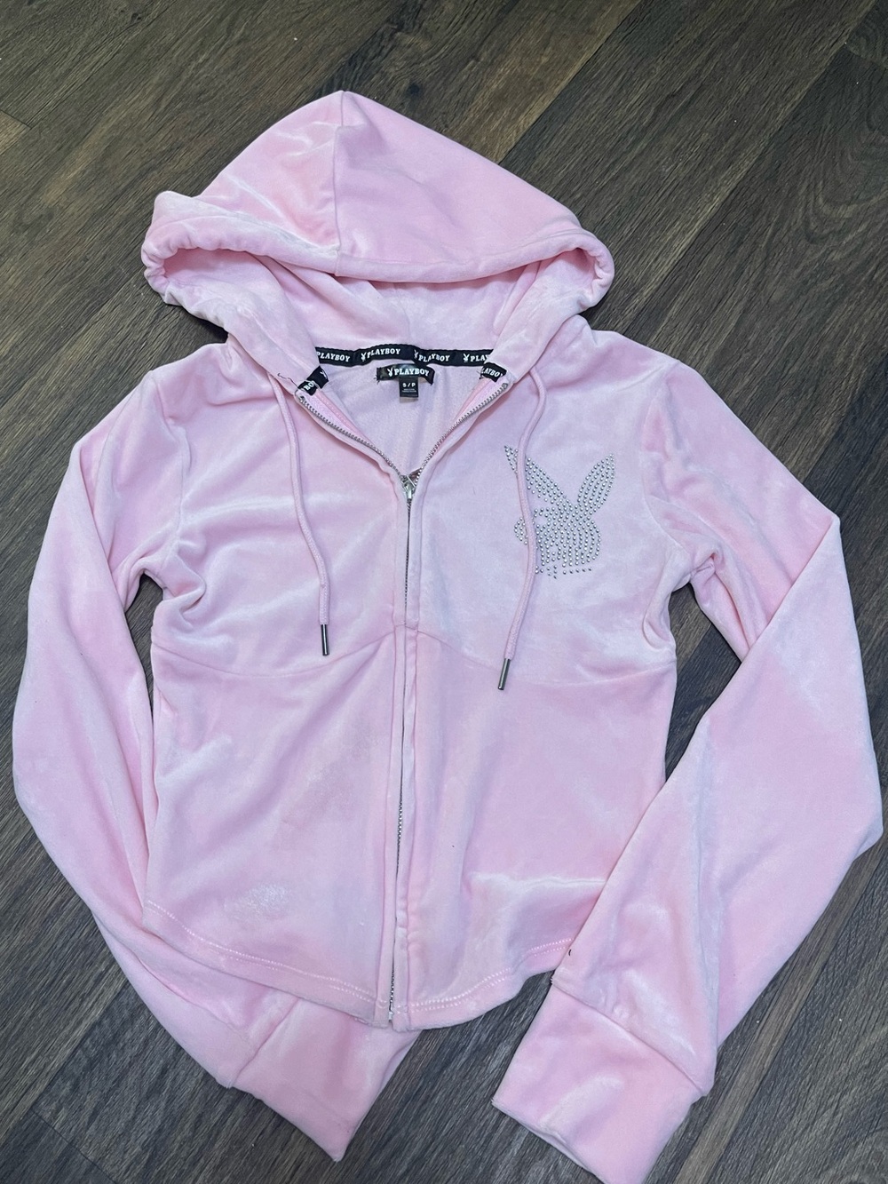 PLAYBOY Light Pink Velour Zip-Up Hoodie with Rhinestone Bunny